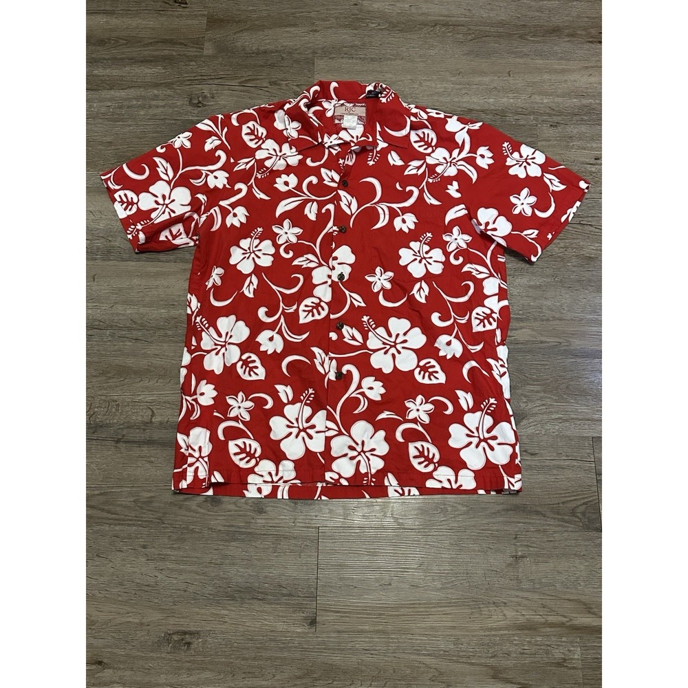 RJC Shirt Mens Large Red Floral Hawaiian Short Sleeve Button Up Made Hawaii USA